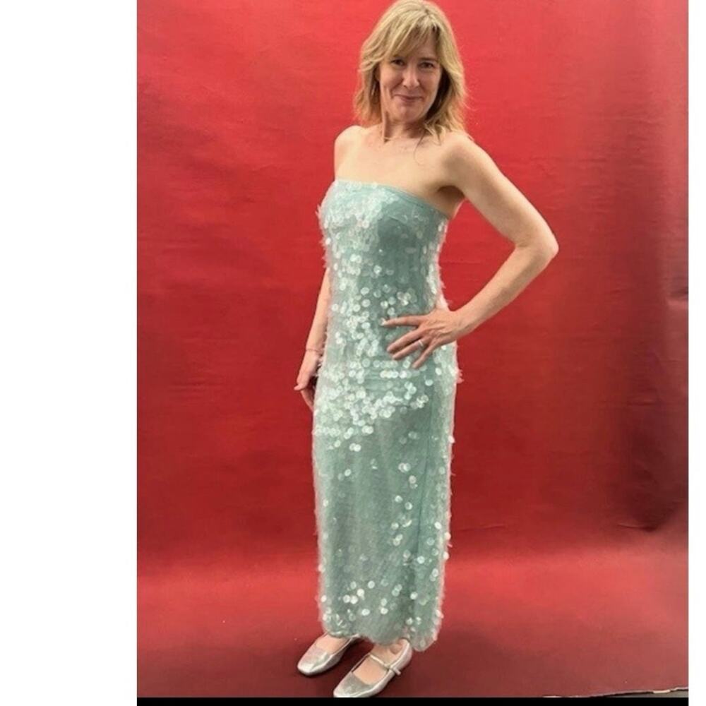 STAUD Seafoam Green Shimmering Sequined Strapless Casey Midi Gown size 2 - Picture 13 of 16